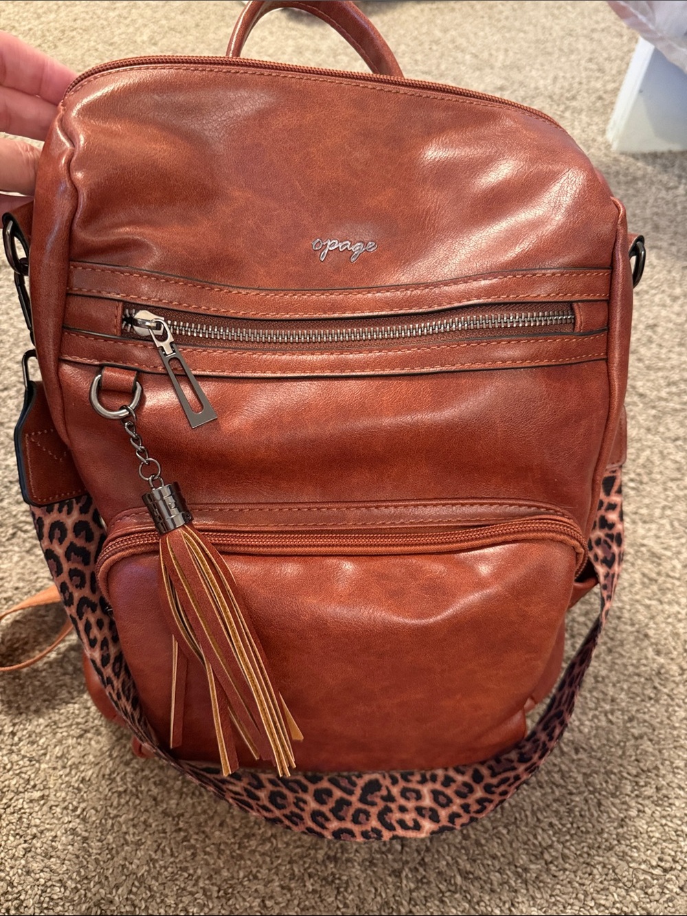 O·page Tan Faux Leather Backpack with Leopard Strap